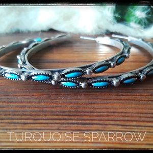 Southwestern Style Antique Silver Turquoise Hoop E